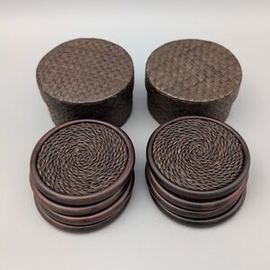 Pandan Coaster Set w/ Round box Set of 2 Via Motif Made in Indonesia (8 Total)
